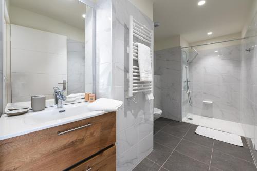 a bathroom with a sink and a shower at OVELIA Aix-les-bains - Le Pavillon Victoria in Aix-les-Bains