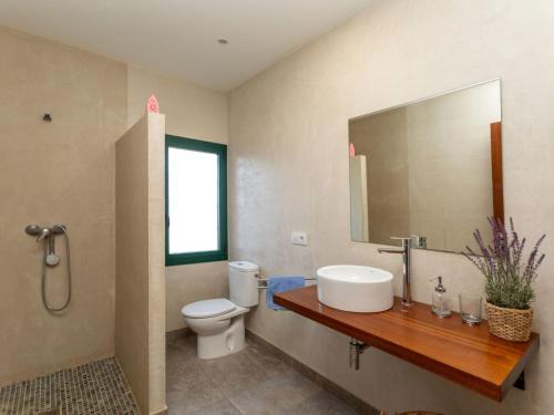 a bathroom with a toilet and a sink and a mirror at Holiday Home Can Borni by Interhome in Vidreres