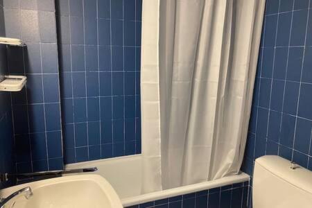 een blauw betegelde badkamer met een douche en een toilet bij Apartament Pla del Roc in La Molina