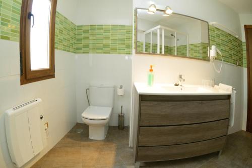 a bathroom with a toilet and a sink and a mirror at Edificio Reyes in La Adrada