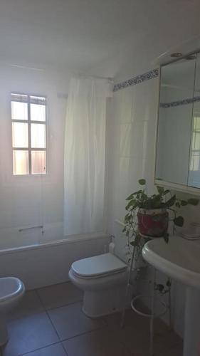 a white bathroom with a toilet and a sink at Costa Ballena Casa, pie playa y golf in Costa Ballena
