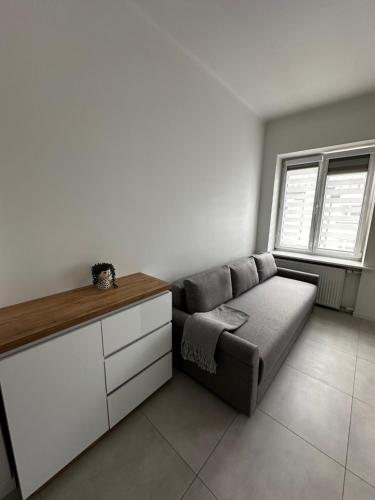 salon z kanapą i stołem w obiekcie Apartament w samym centrum w Warszawie