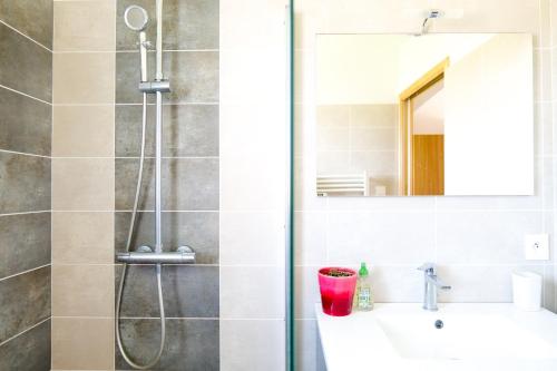 une salle de bain avec une douche, un lavabo et un miroir dans l'établissement Maison récente proche centre-ville, les Sables 8 personnes, à Les Sables-dʼOlonne
