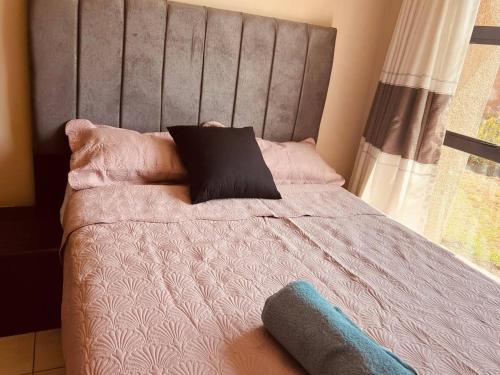 1 dormitorio con cama con almohada negra y ventana en Remarkable 2-Bed Apartment in Harare en Harare