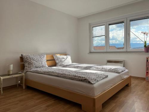 - une chambre avec un grand lit et 2 fenêtres dans l'établissement Timeless Sarajevo Apartment, à Sarajevo