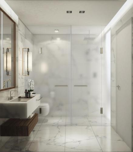 a white bathroom with a sink and a shower at Fairmont Ramla Serviced Residences in Riyadh