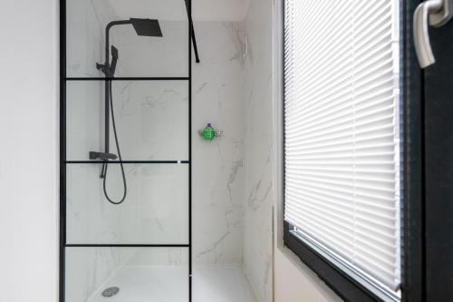 a shower with a glass enclosure in a bathroom at Miniloft Pelgrim in Antwerp