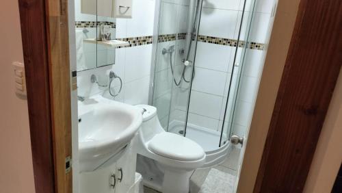 a bathroom with a shower and a toilet and a sink at Hotel 5° Estación in Caldera