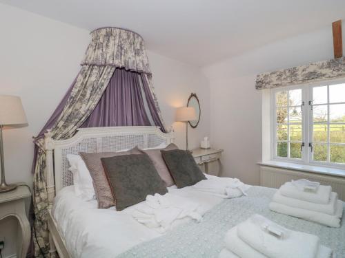 1 dormitorio con cama con dosel y ventana en Pomme Blushe House, en Shipton Gorge