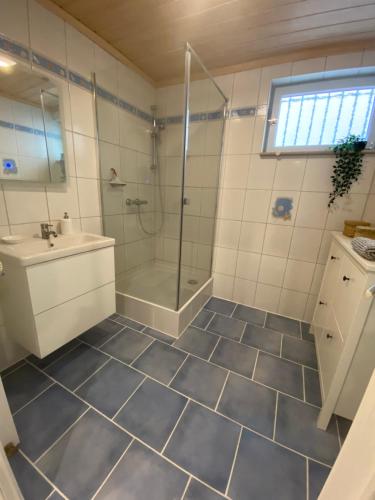 a bathroom with a shower and a sink at Fremdenzimmer Kallenbachtal in Löhnberg
