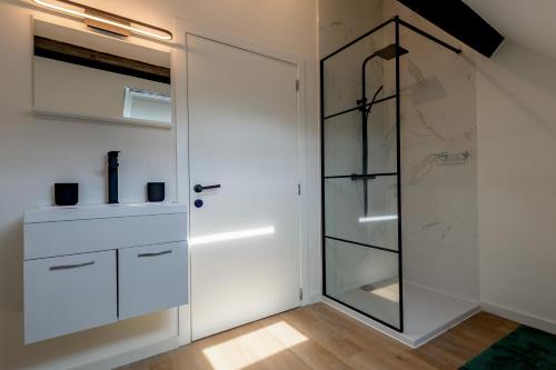 a bathroom with a shower and a glass door at Miniloft Pelgrim in Antwerp