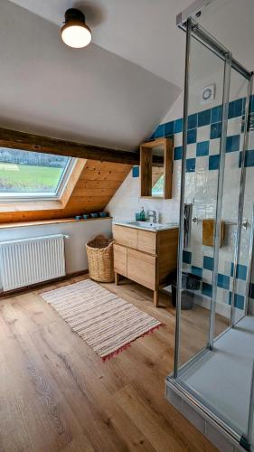 une salle de bain avec douche et lavabo dans l'établissement Maison Chaleureuse - Ferme des Thillots, à Beurizot
