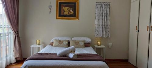 a bedroom with a bed with pillows on it at Cicada's Call Guest Cottage in Nelspruit