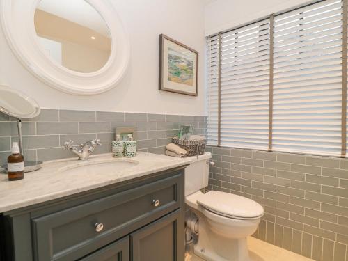 a bathroom with a toilet and a sink and a mirror at Little Barn in Stockbridge