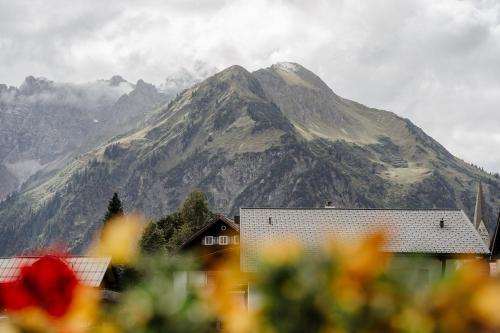 a mountain in the distance with a building in front at Gästehaus Fritz in Mittelberg