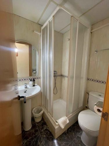 een badkamer met een douche, een wastafel en een toilet bij Hostal Cumbre in Zaragoza