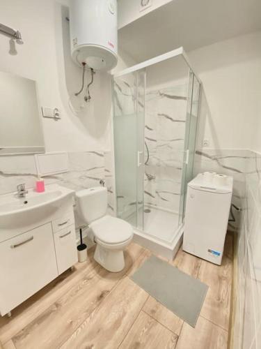 La salle de bains blanche est pourvue d'une douche et de toilettes. dans l'établissement Atrakcyjny apartament rzg13, à Łódź