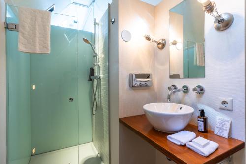 a bathroom with a sink and a glass shower at Droste's Herberg in Tubbergen