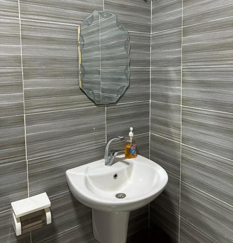 a bathroom with a sink and a mirror at Jerash City View in Jerash