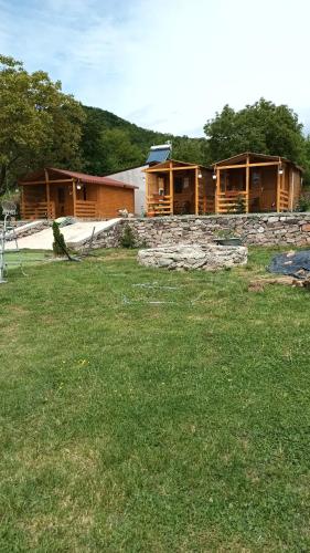 a log cabin with a yard and a building at Cabanutele La Denisa in Dubova