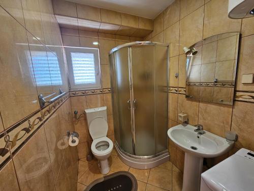 a bathroom with a shower and a toilet and a sink at Dom M Apartments in Budva