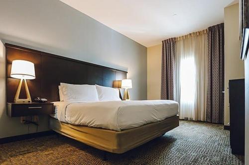 una camera d'albergo con un grande letto e due lampade di Chinatown 1B and Free Parking Washer and Dryer Gym Relux a Houston