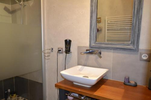 bagno con lavandino bianco e specchio di Grande chambre avec lit Bambou et canapé lit a Chef-Boutonne