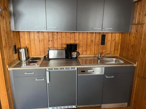 a kitchen with a sink and a counter top at Urige idyllische Hütte mit Sauna in Grainet