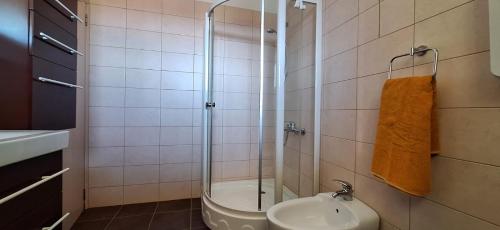 ein Bad mit einer Dusche, einem WC und einem Waschbecken in der Unterkunft Kamenjak Appartment in Premantura