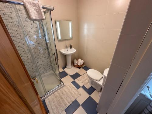 a bathroom with a shower and a toilet and a sink at 'Emily' Deluxe Family Room in Foxford