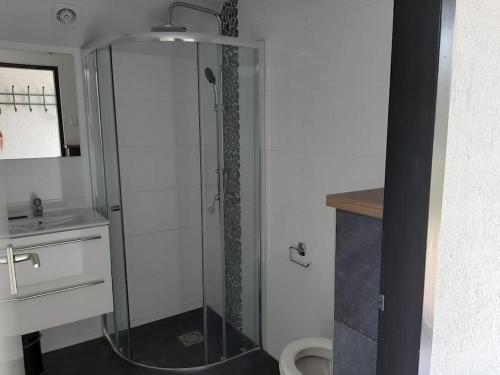 Ένα μπάνιο στο vrijstaande recreatiebungalow met slaapvide