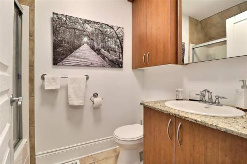 a white bathroom with a toilet and a sink at Chalet Saint-Sauveur with heated pool! in Saint-Sauveur-des-Monts