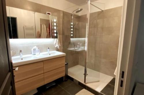 een badkamer met een douche, een wastafel en een spiegel bij Appartement de standing calme idéal pour les JO ! in Suresnes
