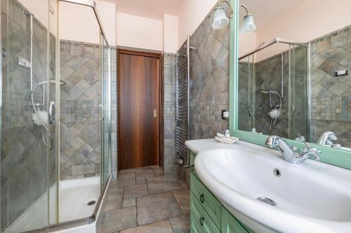 y baño con lavabo y ducha. en Villa Leonardo, en Calvagese della Riviera