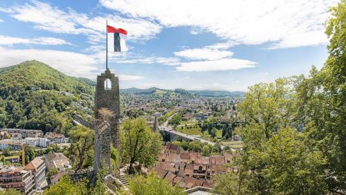 a flag on top of a tower with a city at Aquae Helveticae in Baden