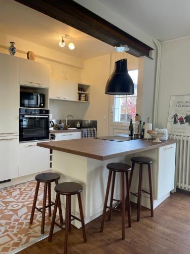 une cuisine avec un grand îlot et des tabourets de bar dans l'établissement Chez Léonine, maison en centre ville, à Tours