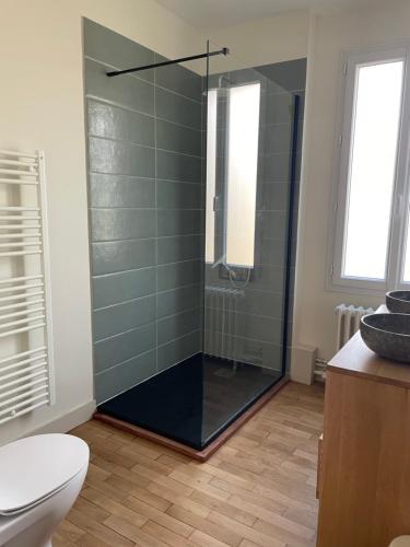 a bathroom with a glass shower with a toilet at Chez Léonine, maison en centre ville in Tours