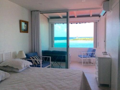 Schlafzimmer mit einem Bett und Meerblick in der Unterkunft Une fenêtre sur la mer in Le Gosier