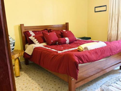 Una cama con almohadas rojas y blancas. en Dangotte Residence Lounge en Kabale