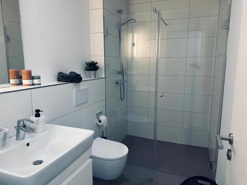a bathroom with a shower and a toilet and a sink at Apartment Artic I - im Stadtzentrum in Nordhorn