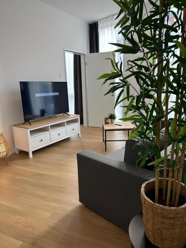 a living room with a couch and a large plant at Apartment ARTIC II Ausblick & Citylage in Nordhorn
