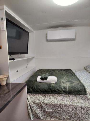 Green heavan في Greenvale: غرفة صغيرة بها سرير وتلفزيون بشاشة مسطحة