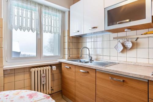 eine Küche mit einem Waschbecken und zwei Fenstern in der Unterkunft House Cuel Milena Folgaria - Yellow in Folgaria
