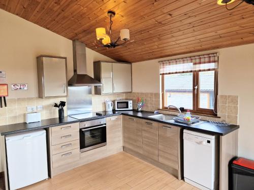 a kitchen with stainless steel appliances and a wooden ceiling at Lomond 5 with Private Hot Tub - Fife - Loch Leven - Lomond Hills - Pet Friendly in Kelty
