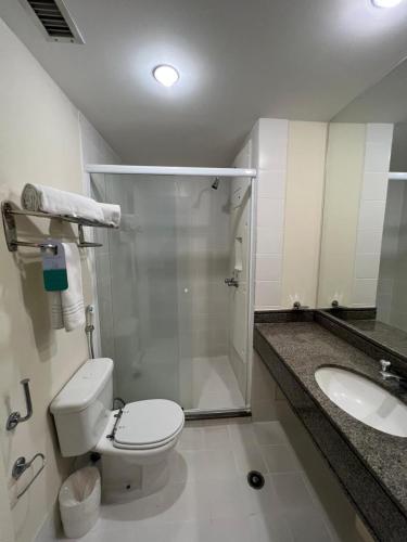 a bathroom with a shower and a toilet and a sink at Flat Hotel Aeroporto Congonhas UH1109 in São Paulo