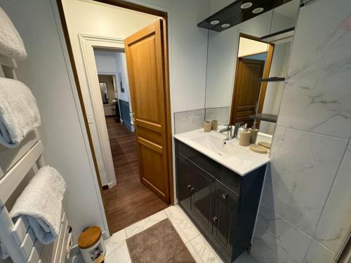 une salle de bain avec un lavabo et un miroir dans l'établissement Appartement spacieux et moderne, à Saint-Cyr-lʼÉcole