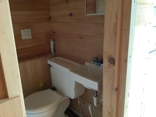 a bathroom with a toilet and a sink at Lakeside Tiny Cozy Retreat in Ulster