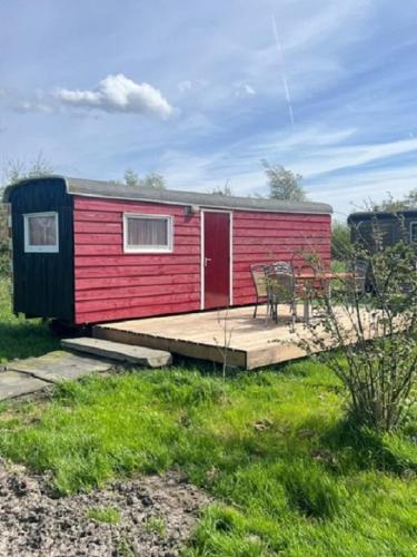 a red and black tiny house with a wooden deck at Bed & Breakfast ARKEN AE in Zuiderwoude