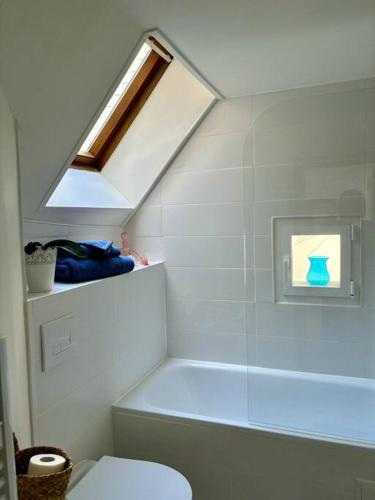 La salle de bains est pourvue de toilettes et d'une lucarne. dans l'établissement Le cocon, T2, hypercentre, à Cherbourg en Cotentin