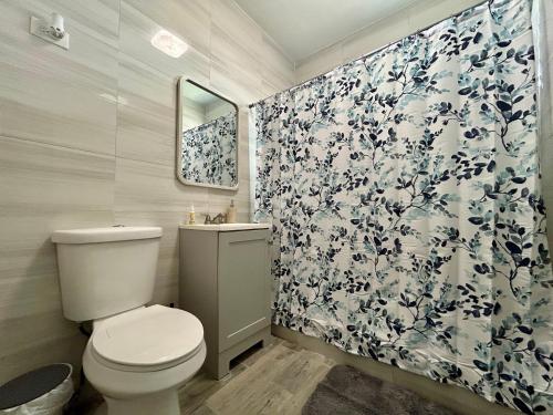 a bathroom with a toilet and a shower curtain at Dorado Beach House in Dorado